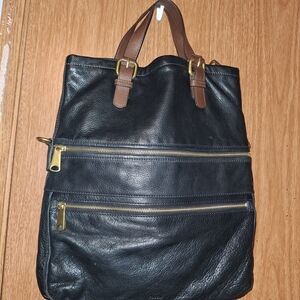Fossil Black Leather Tote with Brown Straps
